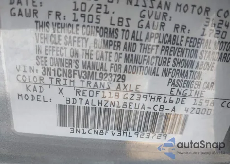 2021 Nissan Versa Sr Xtronic Cvt from USA, damaged, VIN 3N1CN8FV3ML923729